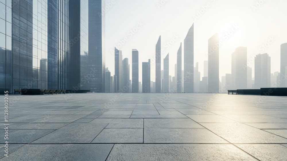 Urban skyline with modern buildings and a hazy atmosphere Urban skyline with modern buildings and a hazy atmosphere