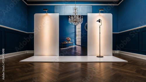 Empty corridor with open door leading to different buildings like a church, temple, and hotel, featuring wood floors, light from windows, and a modern architectural design photo