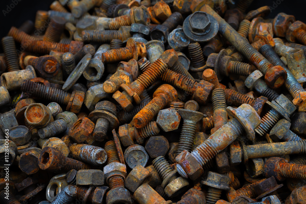 Group of old rusty nuts and screws from the vehicles waiting for recycle.