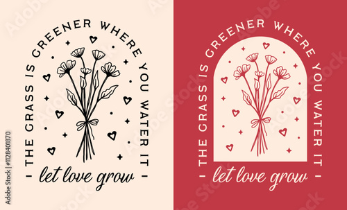 Let love grow the grass is greener where you water it healthy relationship couple marriage dating advice quotes. Retro vintage floral red flowers coquette aesthetic Valentine's Day printable card.