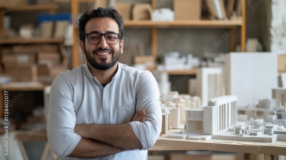 Portrait photos showcasing Middle Eastern architects, beaming with pride in studios filled with models and blueprints Portrait photos showcasing Middle Eastern architects, beaming with pride in studios filled with models and blueprints