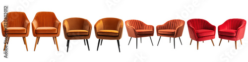 Stylish and inviting collection of mid century modern curved armchairs in a range of warm orange  red  and brown hues photo