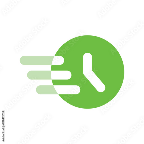 A green pixel art clock flies swiftly through space