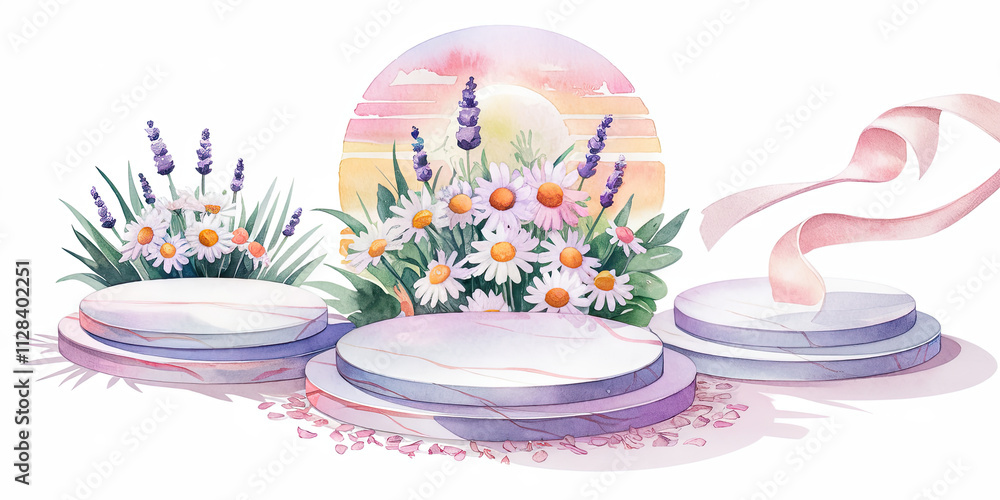 Pastel Floral Podiums Lavender Daisies Marble Ribbon Sunset Pastel Floral Podiums Lavender Daisies Marble Ribbon Sunset