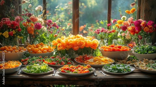 Wallpaper Mural Vibrant Display of Fresh Fruits and Vegetables Surrounded by Colorful Flowers in a Rustic Setting with Natural Light Streaming Through Windows Torontodigital.ca