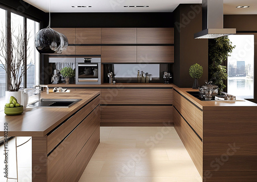 Wooden modern minimalist kitchen scandinavian style in large house.Macro.AI Generative. photo