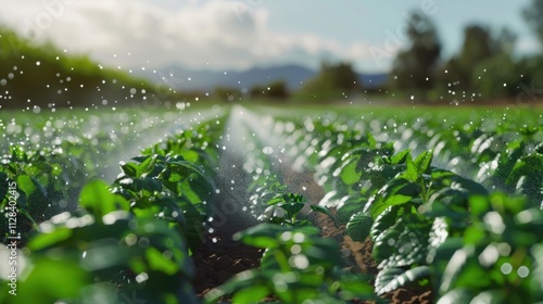 Automated sprinkler irrigation system watering rows of potato plants in a cultivated agricultural field at sunset, ensuring healthy growth and maximizing crop yield