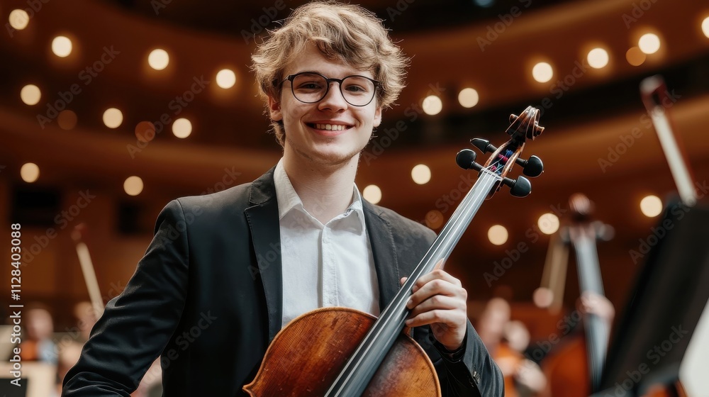 Fototapeta premium Portraits of German musicians holding their instruments, smiling in elegant concert halls and rehearsal spaces