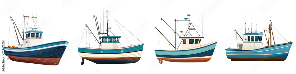 Fishing Boats Navigating Through Coastal Waterways in Industrial Seascape Commercial Trawlers and Vessels Transporting Goods and Equipment in Maritime Environment Fishing Boats Navigating Through Coastal Waterways in Industrial Seascape Commercial Trawlers and Vessels Transporting Goods and Equipment in Maritime Environment