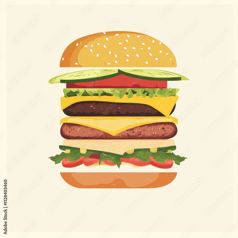 Colorful layered cheeseburger with lettuce, tomato, cheese, and pickles Colorful layered cheeseburger with lettuce, tomato, cheese, and pickles
