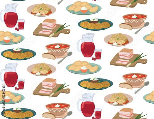 Seamless pattern with Ukrainian national dishes. Flat background with borsch, varenyky, holubtsy, compote, salo, deruny