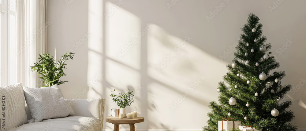 Minimal mock up with Christmas tree in empty modern room with soft natural light. Elegant gold ornaments, garland add a touch of holiday warmth for contemporary background.Generative ai Minimal mock up with Christmas tree in empty modern room with soft natural light. Elegant gold ornaments, garland add a touch of holiday warmth for contemporary background.Generative ai