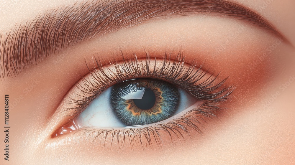 Close-up of a woman's eye with detailed eyebrow, long lashes, and subtle eyeshadow. The eye color is a captivating blend of blue and green. Close-up of a woman's eye with detailed eyebrow, long lashes, and subtle eyeshadow. The eye color is a captivating blend of blue and green.