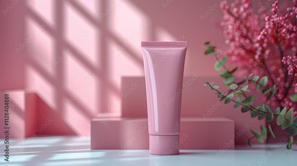 An empty mockup of a pink plastic cosmetic tube stands near a pink wall with the shadow of palm leaves on it An empty mockup of a pink plastic cosmetic tube stands near a pink wall with the shadow of palm leaves on it