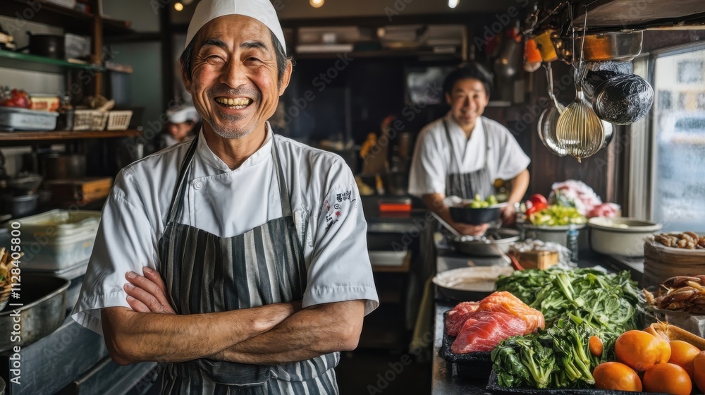 Vibrant portraits of Japanese chefs smiling confidently in bustling kitchens filled with fresh ingredients Vibrant portraits of Japanese chefs smiling confidently in bustling kitchens filled with fresh ingredients