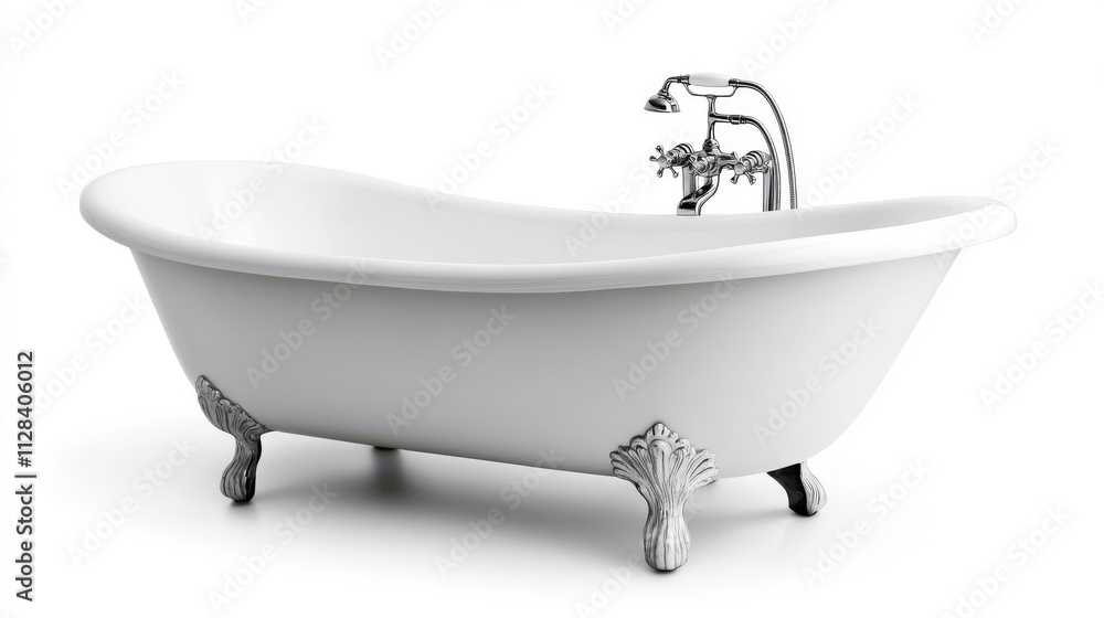 beautiful classic style white claw foot bathtub with stainless steel old fashioned faucet and sprayer isolated on whit beautiful classic style white claw foot bathtub with stainless steel old fashioned faucet and sprayer isolated on whit