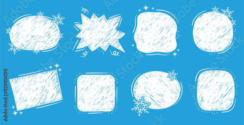 Winter snow decoration hand drawn text blocks. Set of hand drawing Christmas or New Year vector banners on blue background.