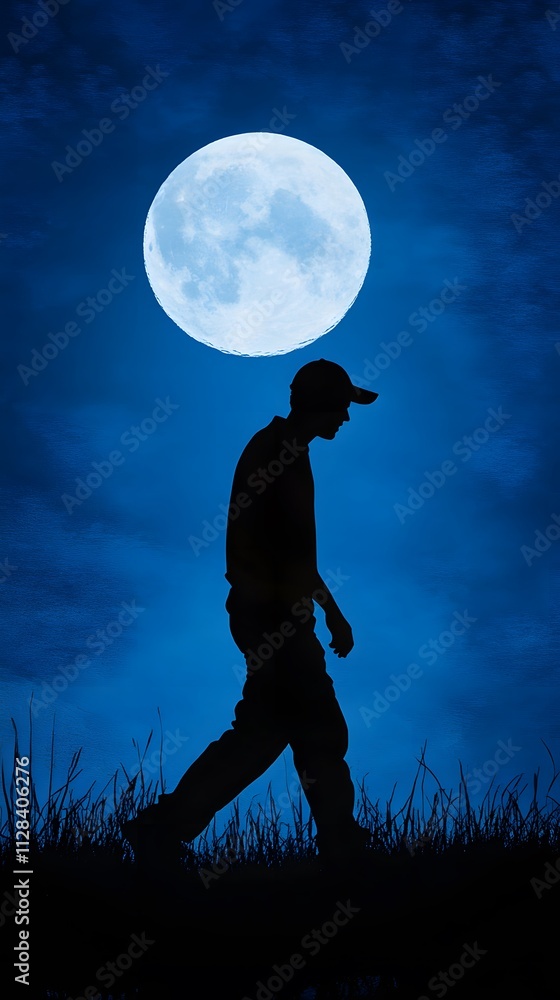 Obraz premium Silhouette of a walking man against a blue sky and moon