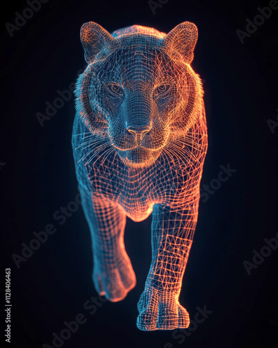 A digital representation of a tiger in a vibrant wireframe design. photo