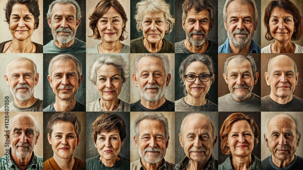 image featuring 100 portraits of middle age to older European individuals, male and female, arranged in a giant raster pattern, all are happy and satisfied image featuring 100 portraits of middle age to older European individuals, male and female, arranged in a giant raster pattern, all are happy and satisfied
