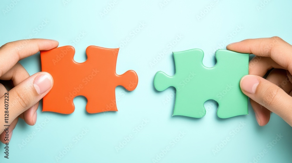 Hands Holding Colorful Puzzle Pieces on a Light Blue Background Hands Holding Colorful Puzzle Pieces on a Light Blue Background