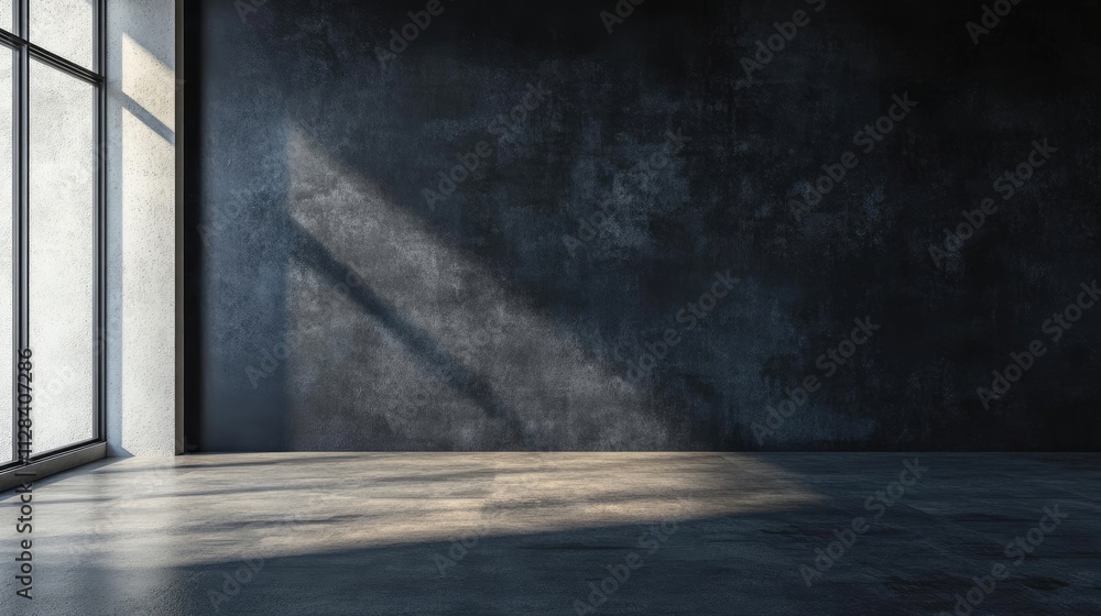 Sunbeams illuminate a minimalist interior space with a dark textured wall and polished concrete floor. The contrast between light and shadow creates a dramatic mood. Sunbeams illuminate a minimalist interior space with a dark textured wall and polished concrete floor. The contrast between light and shadow creates a dramatic mood.