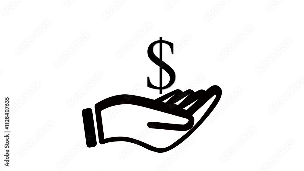 Animation of hand icon with dollar signs on a black background. Animation of hand icon with dollar signs on a black background.