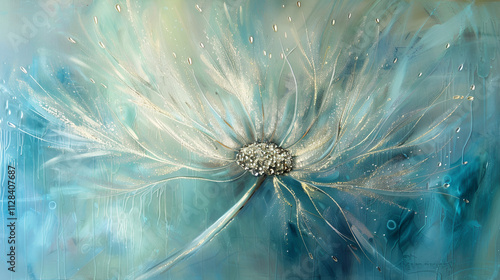  a delicate and ethereal close-up of dandelion seeds covered in tiny water droplets, set against a dreamy teal-toned background. The soft focus and bokeh effects enhance the image's tranquil and magic