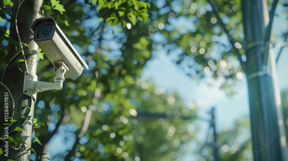 White security camera mounted on a tree trunk, capturing footage of a vibrant green park bathed in sunlight, ensuring safety and surveillance in a natural environment White security camera mounted on a tree trunk, capturing footage of a vibrant green park bathed in sunlight, ensuring safety and surveillance in a natural environment