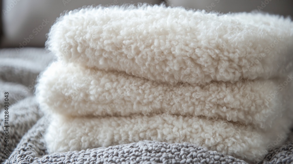 Soft Cozy White Fluffy Sheepskin Throws Blankets Stacked on a Gray Knitted Texture Bed Soft Cozy White Fluffy Sheepskin Throws Blankets Stacked on a Gray Knitted Texture Bed