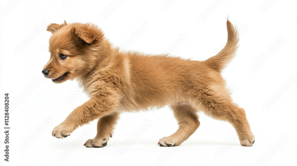 playful puppy with wagging tail is running joyfully on white background playful puppy with wagging tail is running joyfully on white background