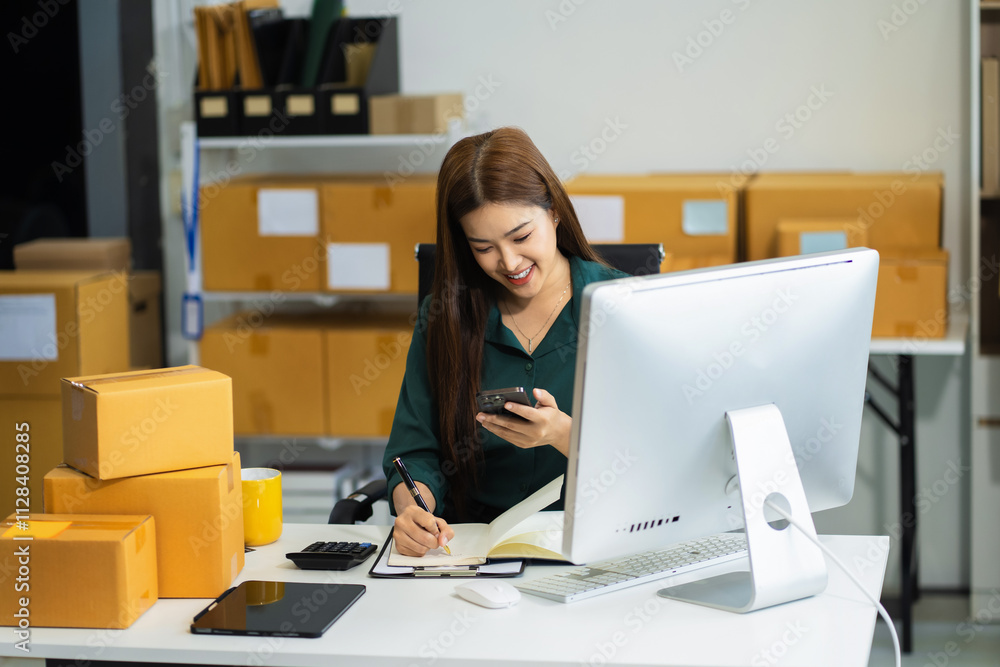 Woman selling products online.entrepreneur or freelance checking orders from customers, woman runs an e-commerce business on websites and social media. Woman selling products online.entrepreneur or freelance checking orders from customers, woman runs an e-commerce business on websites and social media.