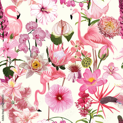 Floral seamless pattern with watercolor style pink roses and many kind blooming garden, tropical flowers. Background with bouquets of hand-drawn  flowers with leaves.