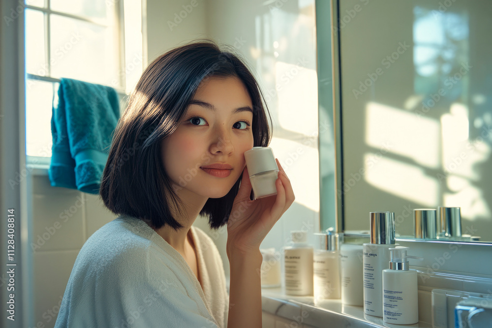 Young woman holding a skincare product in a bright bathroom Young woman holding a skincare product in a bright bathroom