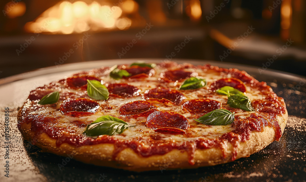 Delicious Pepperoni Pizza with Basil and Melted Cheese Freshly Baked in a Wood-Fired Oven for a Perfect Italian Culinary Experience Delicious Pepperoni Pizza with Basil and Melted Cheese Freshly Baked in a Wood-Fired Oven for a Perfect Italian Culinary Experience