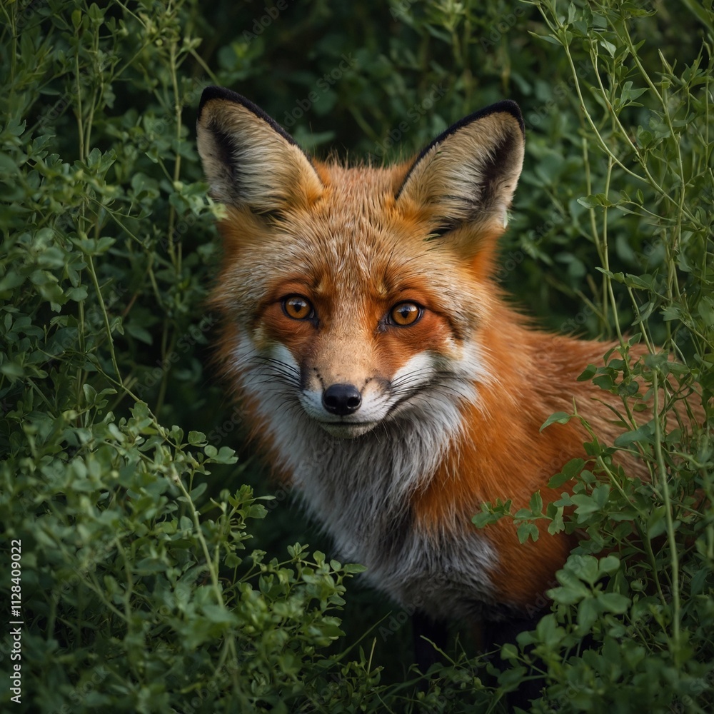 Fototapeta premium A red fox peeking out from lush green bushes.