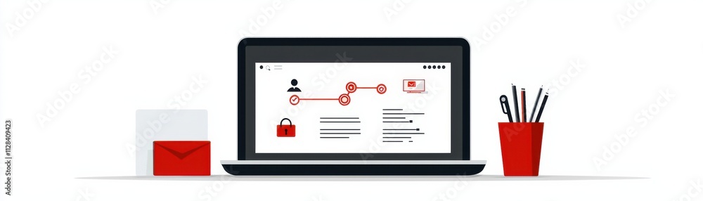 A sleek laptop displays digital content, accompanied by a red container and a cup with pens, creating a modern workspace aesthetic. A sleek laptop displays digital content, accompanied by a red container and a cup with pens, creating a modern workspace aesthetic.