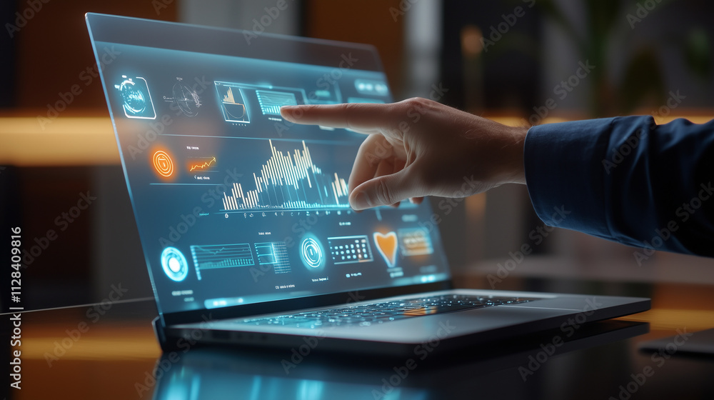 A human hand interacts with a holographic interface displaying graphs, data, and icons on a laptop screen in a modern high-tech environment A human hand interacts with a holographic interface displaying graphs, data, and icons on a laptop screen in a modern high-tech environment