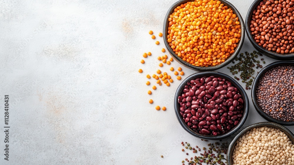 Assorted legumes in bowls; red kidney beans, lentils, etc. Illustrates healthy eating, variety of pulses for cooking or recipes. Assorted legumes in bowls; red kidney beans, lentils, etc. Illustrates healthy eating, variety of pulses for cooking or recipes.