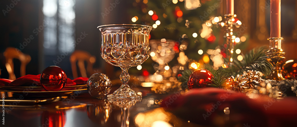 Christmas table close-up:plates,wineglasses,cones, candles, pine branches,ornaments. Warm holiday vibes, banner for seasonal celebrations. Generative ai Christmas table close-up:plates,wineglasses,cones, candles, pine branches,ornaments. Warm holiday vibes, banner for seasonal celebrations. Generative ai