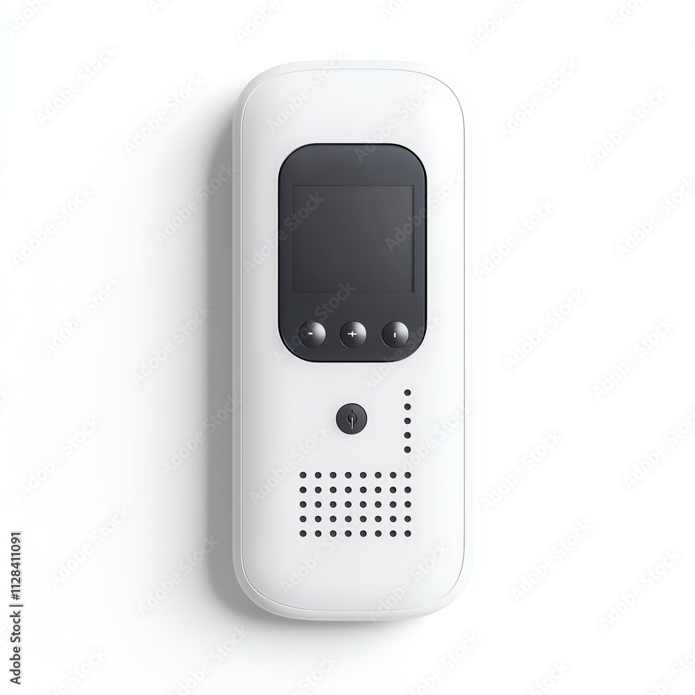 A compact white communication device with a screen and buttons, likely used for intercom or video doorbell functions. A compact white communication device with a screen and buttons, likely used for intercom or video doorbell functions.