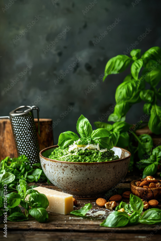 Discover the Vibrant Flavors of Homemade Pesto with Fresh Basil, Almonds, and Parmesan in a Rustic Culinary Setting Discover the Vibrant Flavors of Homemade Pesto with Fresh Basil, Almonds, and Parmesan in a Rustic Culinary Setting