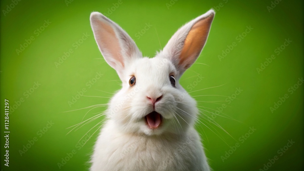 Obraz premium Happy Easter greeting card - White Easter bunny rabbit who looks amazed or scared, mouth opened, isolated on green background 