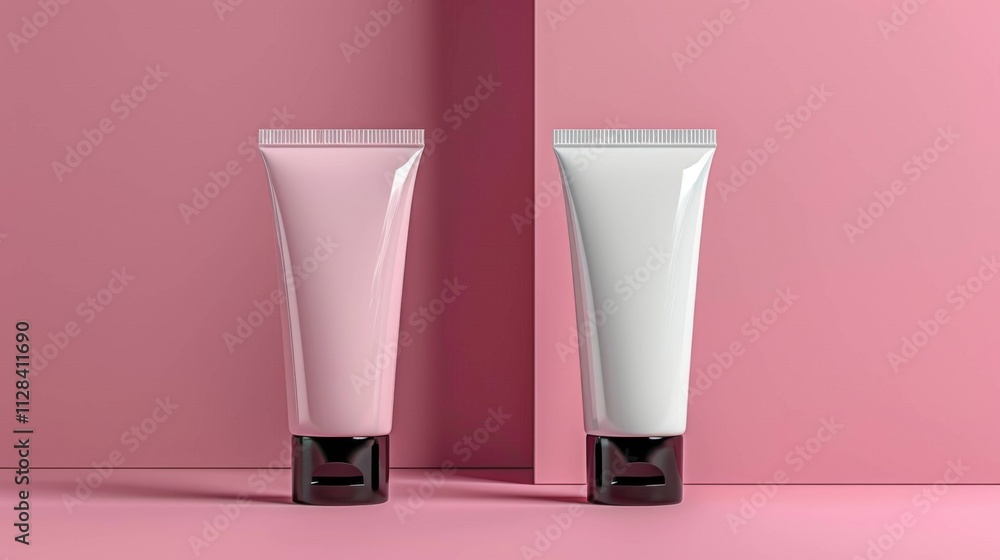 Photo of a white plastic cosmetic package tube, pink background Photo of a white plastic cosmetic package tube, pink background