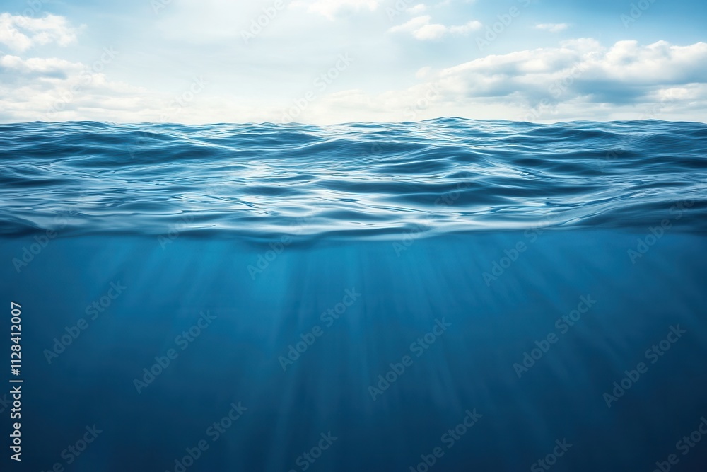 Calm ocean surface with sunlight and clouds above. Calm ocean surface with sunlight and clouds above.
