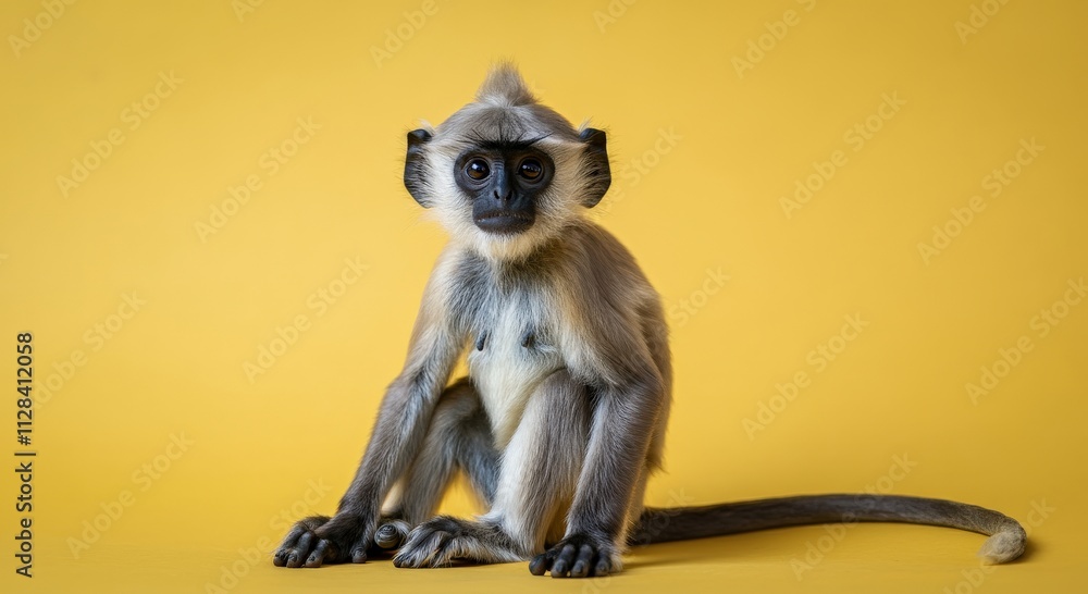 Obraz premium Portrait of a young gray langur monkey on yellow background for wildlife interest