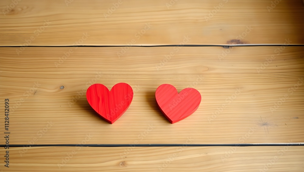 Two red hearts on a light brown wooden surface. A simple romantic image. Two red hearts on a light brown wooden surface. A simple romantic image.