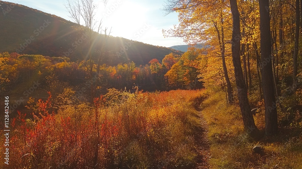 Fototapeta premium A serene autumn landscape with vibrant foliage and a sunlit path through nature.