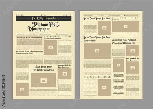 Vintage newspaper with text and image placeholder. Brochure newspaper pages with headline. Paper retro journal vector template. News articles newsprint magazine old design