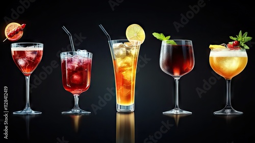 A diverse array of colorful cocktails elegantly presented against a dark backdrop.